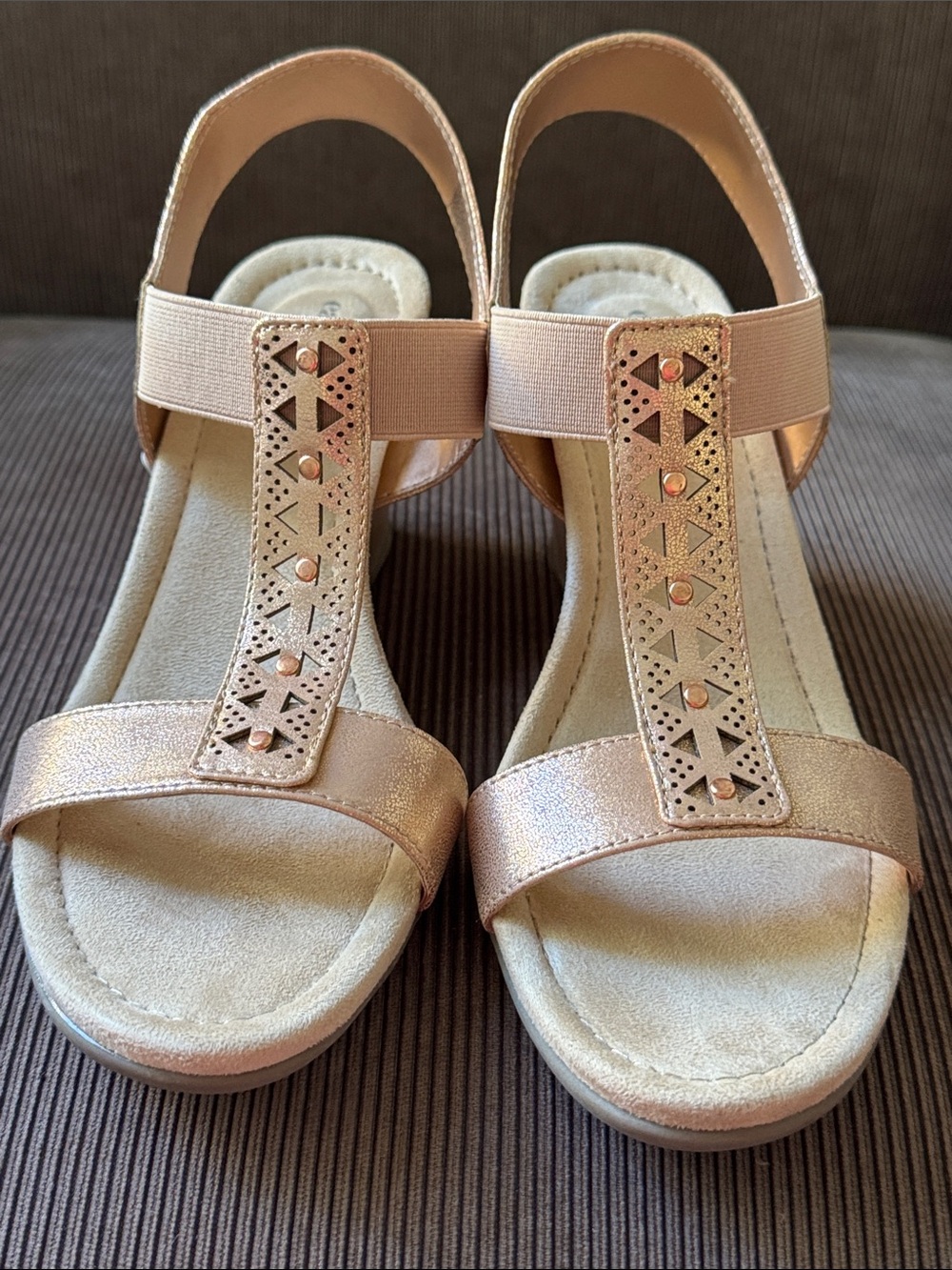 East 5th Rose Gold T-Strap Sandals with Stud Accents